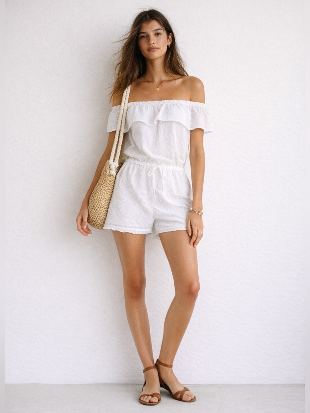 Madewell Cotton White Off Shoulder Swiss Dot Romper